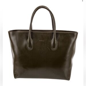 Furla Smooth Leather Tote in Dark Brown/Green